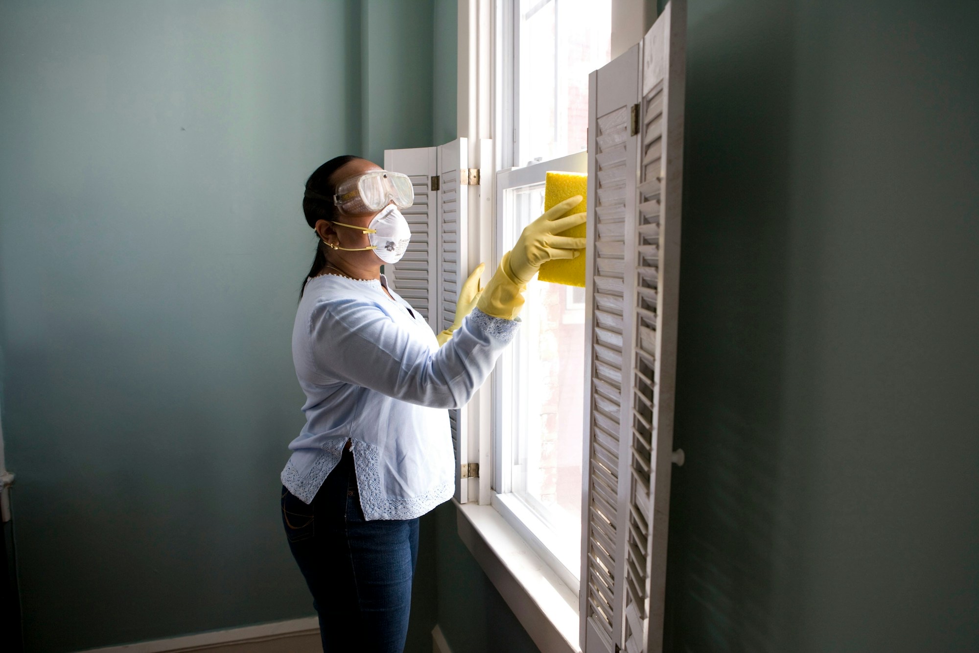 Cleaner wiping a window in a calm, green-walled interior
